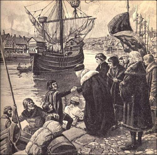 Cabot leaving Bristol in 1497. Painting by Thomson. From J.A. Cochrane – The Story of Newfoundland. (Montreal_ Ginn and Co., 1938)